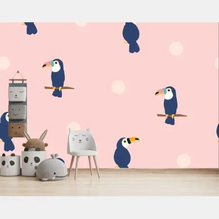 Papier peint motif toucans tropicaux sur fond rose – Wallnifity®