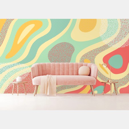 Papier peint composition abstraite menthe et corail aux motifs organiques – Wallnifity®