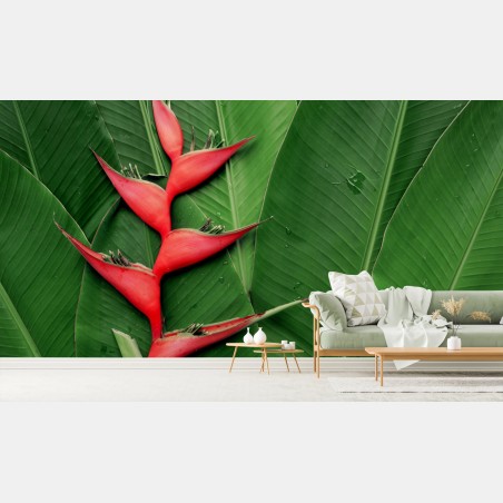 Papier peint héliconia rouge sur feuillage tropical – Wallnifity®