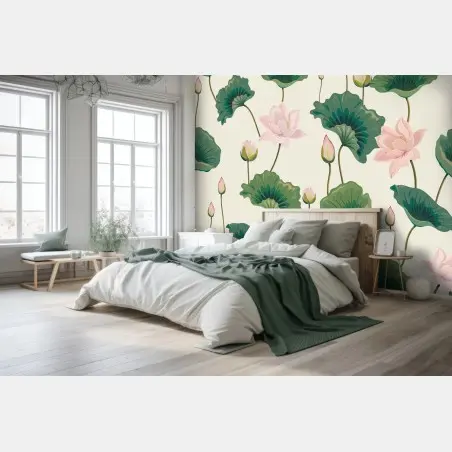 Papier peint motif élégant de lotus et feuilles vertes – Wallnifity®