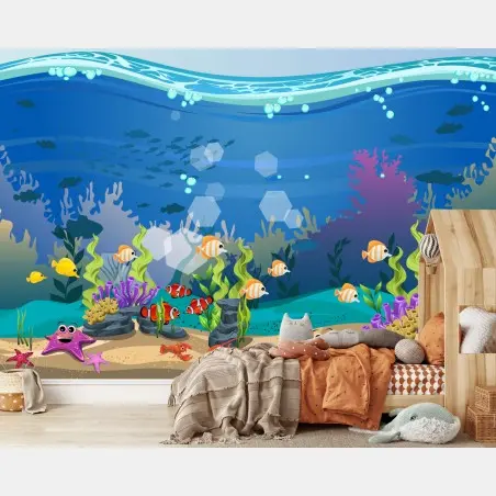 Papier peint scène sous-marine colorée avec poissons et coraux – Wallnifity®