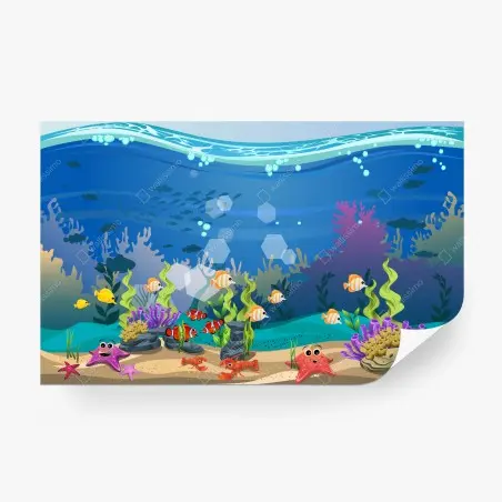 Papier peint scène sous-marine colorée avec poissons et coraux – Wallnifity®