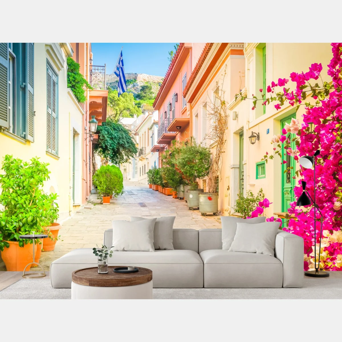 Papier peint ruelle pittoresque d'Athènes aux bougainvilliers – Wallnifity® Papier peint ruelle pittoresque d'Athènes aux bougainvilliers – Wallnifity®