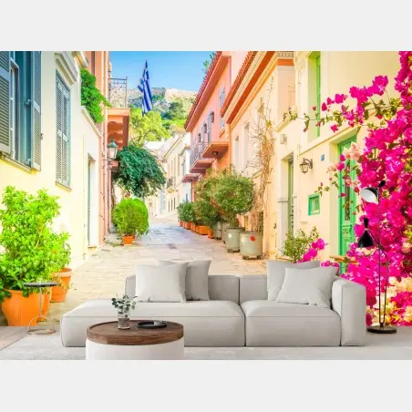 Papier peint ruelle pittoresque d'Athènes aux bougainvilliers – Wallnifity®