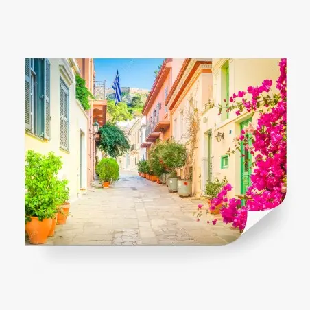 Papier peint ruelle pittoresque d'Athènes aux bougainvilliers – Wallnifity®