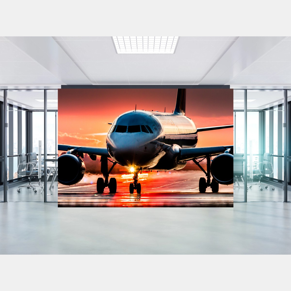 Papier peint avion au coucher de soleil sur la piste – Wallnifity®