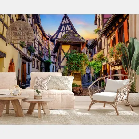 Papier peint rue pittoresque d'Eguisheim au coucher du soleil – Wallnifity®