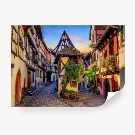 Papier peint rue pittoresque d'Eguisheim au coucher du soleil – Wallnifity®