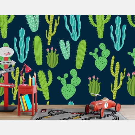 Papier peint motif botanique de cactus et succulentes vertes et bleues – Wallnifity®