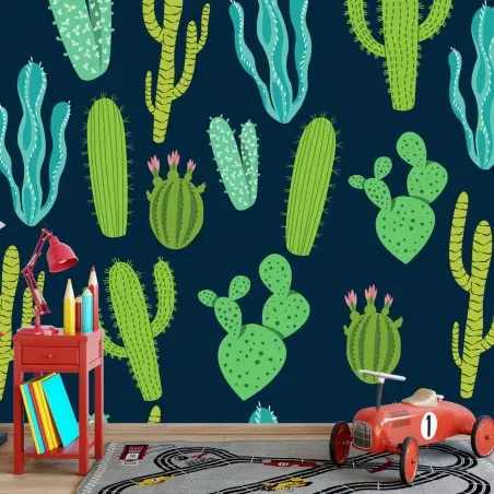 Papier peint motif botanique de cactus et succulentes vertes et bleues – Wallnifity®