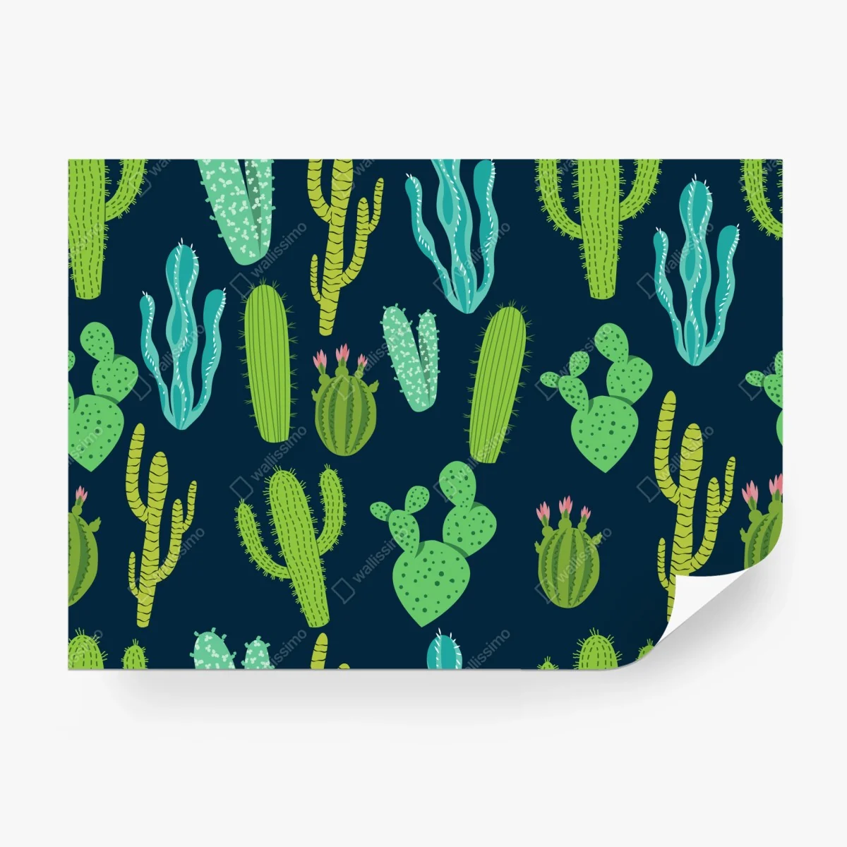 Papier peint motif botanique de cactus et succulentes vertes et bleues – Wallnifity®