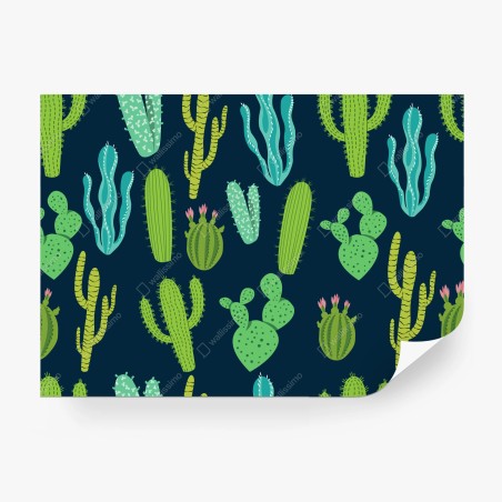 Papier peint motif botanique de cactus et succulentes vertes et bleues – Wallnifity®