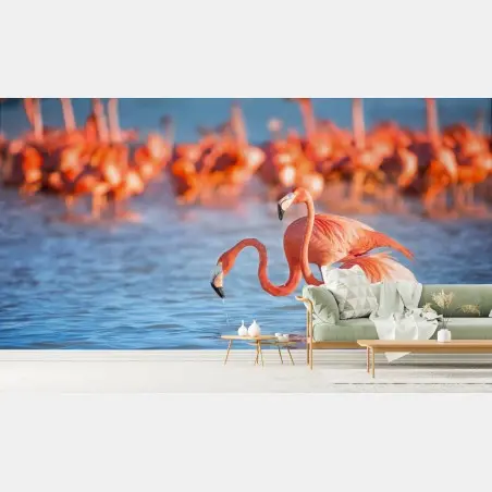 Papier peint élégance des flamants roses au bord de l'eau – Wallnifity®