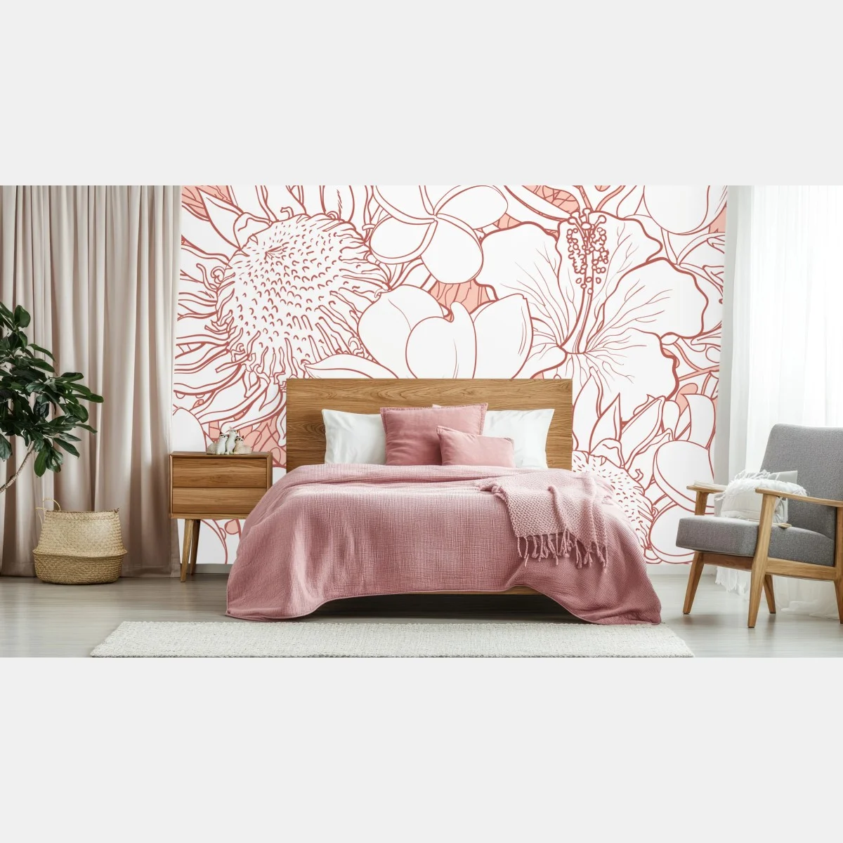 Papier peint motif floral tropical aux lignes saumon – Wallnifity® Papier peint motif floral tropical aux lignes saumon – Wallnifity®