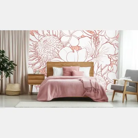 Papier peint motif floral tropical aux lignes saumon – Wallnifity®