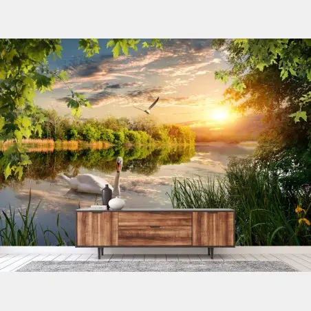 Papier peint paysage au coucher de soleil avec un cygne blanc – Wallnifity®