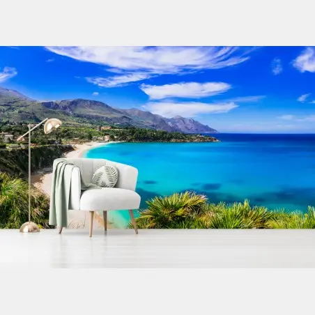 Papier peint paysage côtier aux eaux turquoises et plages de sable – Wallnifity®