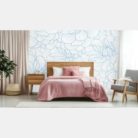 Papier peint motif floral délicat en esquisse bleue – Wallnifity®
