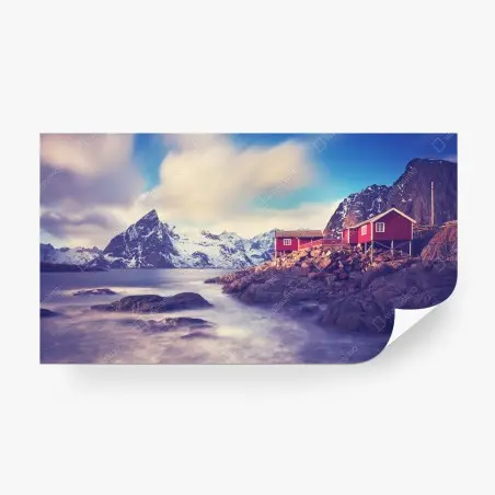 Papier peint maisons rouges au bord du fjord sous les montagnes enneigées – Wallnifity®