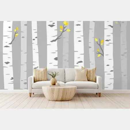 Papier peint forêt de bouleaux minimaliste aux touches jaunes – Wallnifity®