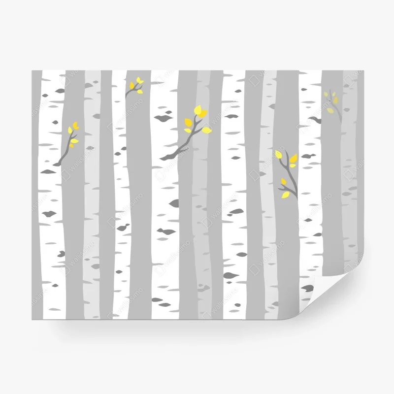 Papier peint forêt de bouleaux minimaliste aux touches jaunes – Wallnifity® Papier peint forêt de bouleaux minimaliste aux touches jaunes – Wallnifity®