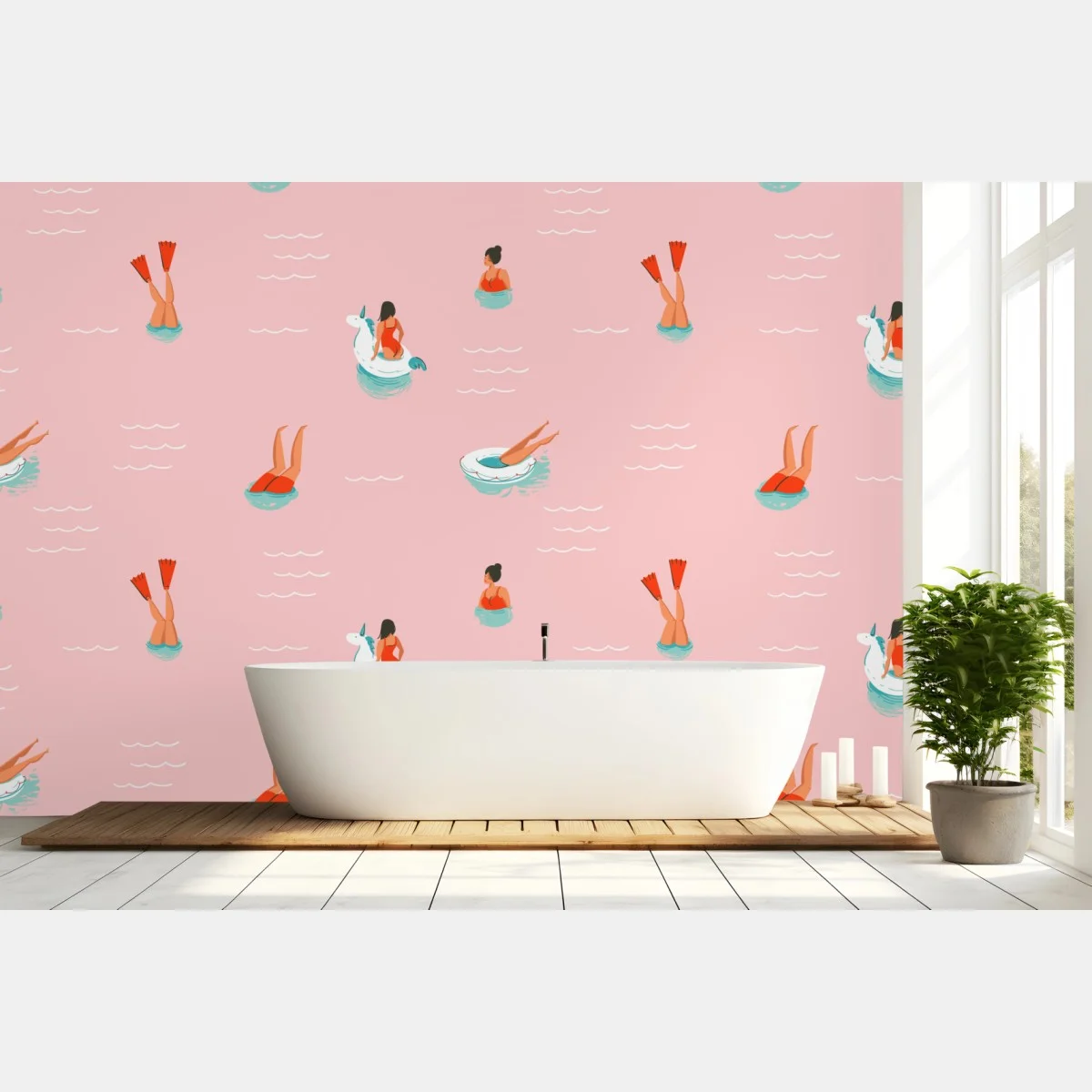 Papier peint motif estival licorne et nageuses sur fond rose – Wallnifity® Papier peint motif estival licorne et nageuses sur fond rose – Wallnifity®