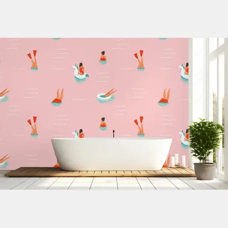 Papier peint motif estival licorne et nageuses sur fond rose – Wallnifity®