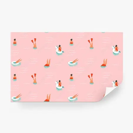 Papier peint motif estival licorne et nageuses sur fond rose – Wallnifity®