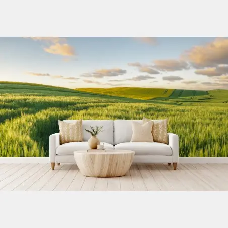 Papier peint panorama de champs verts au printemps – Wallnifity®
