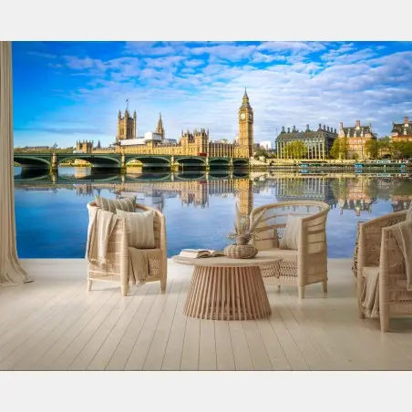 Papier peint reflets matinaux de Big Ben et du Palais de Westminster à Londres sur la Tamise – Wallnifity®
