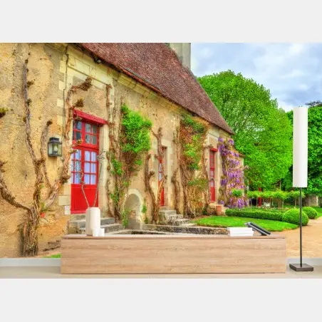 Papier peint façade rustique aux portes rouges et glycines – Wallnifity®