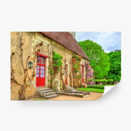Papier peint façade rustique aux portes rouges et glycines – Wallnifity®