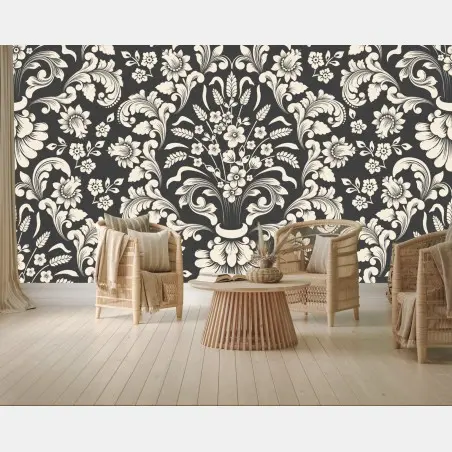 Papier peint motif floral baroque élégant noir et crème – Wallnifity®