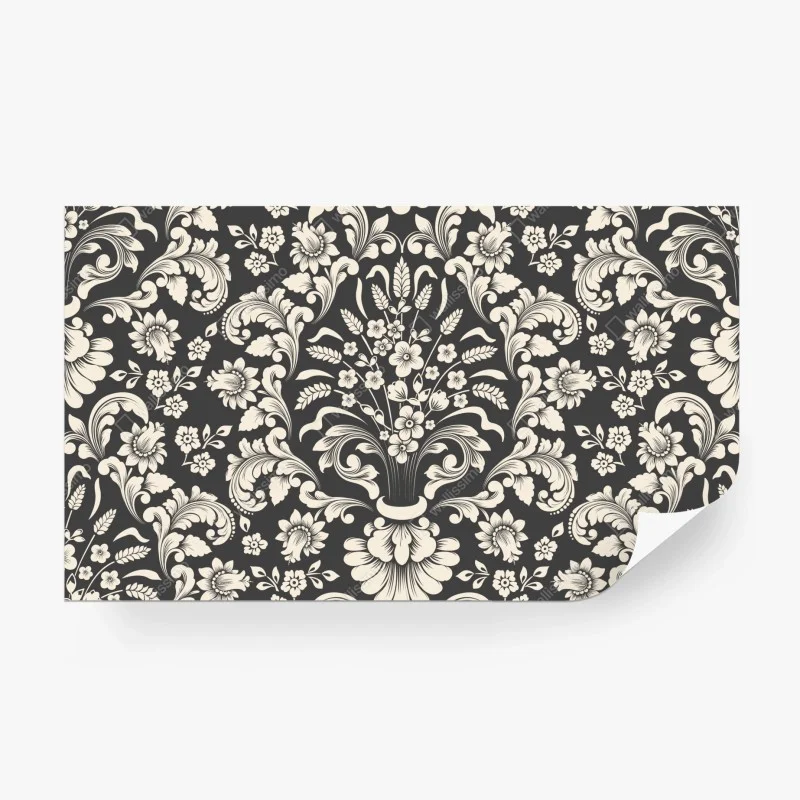 Papier peint motif floral baroque élégant noir et crème – Wallnifity®