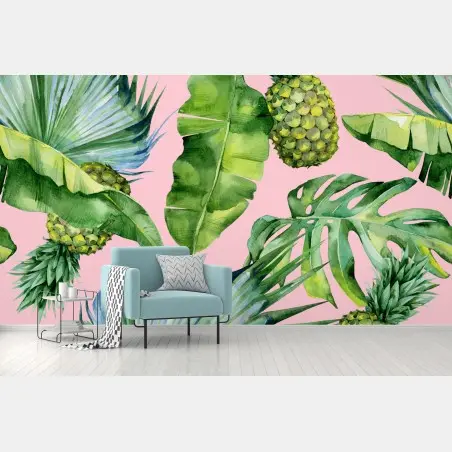 Papier peint motif tropical ananas et feuilles aquarelle sur fond rose – Wallnifity®