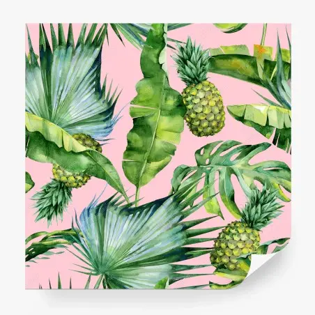 Papier peint motif tropical ananas et feuilles aquarelle sur fond rose – Wallnifity®