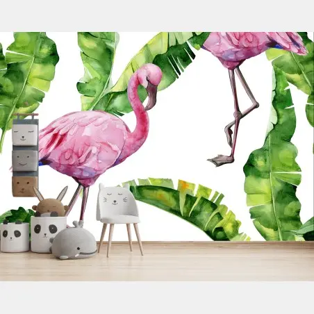 Papier peint motif tropical flamants roses et feuilles de bananier – Wallnifity®