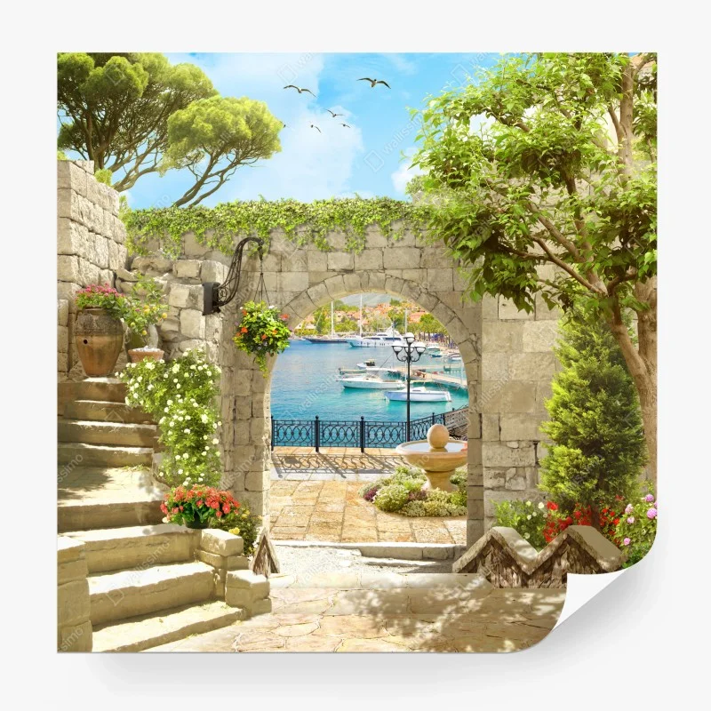 Papier peint vue méditerranéenne depuis une arcade en pierre – Wallnifity® Papier peint vue méditerranéenne depuis une arcade en pierre – Wallnifity®
