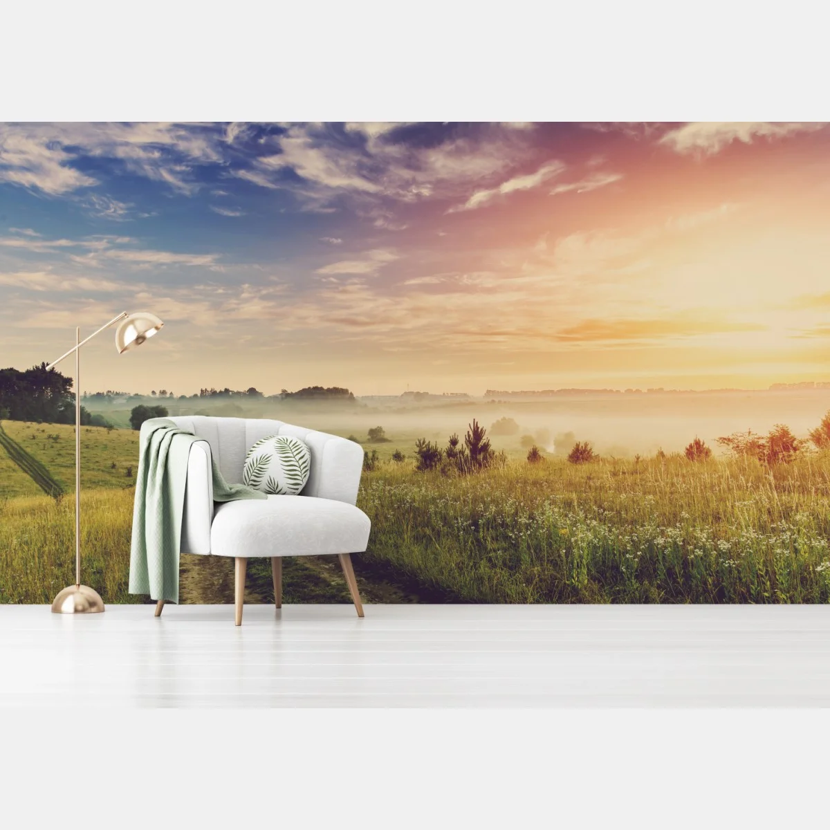 Papier peint aube brumeuse sur chemin de campagne – Wallnifity® Papier peint aube brumeuse sur chemin de campagne – Wallnifity®