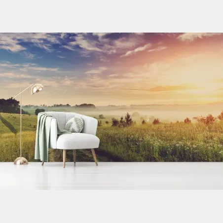 Papier peint aube brumeuse sur chemin de campagne – Wallnifity®