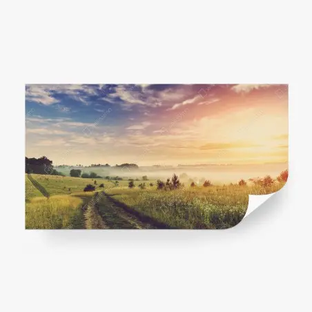 Papier peint aube brumeuse sur chemin de campagne – Wallnifity®