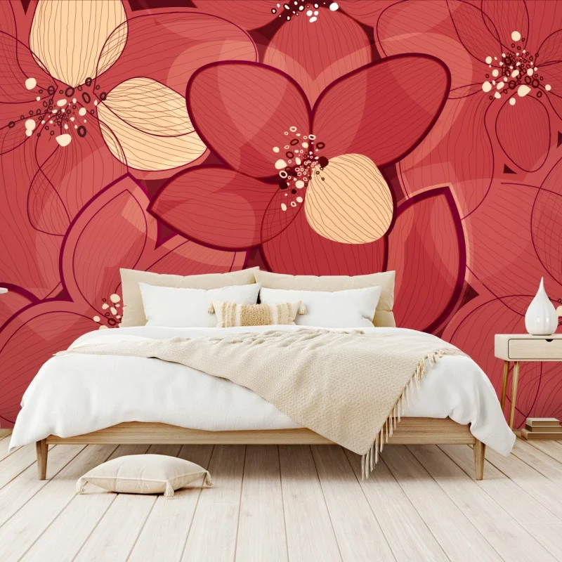 Papier peint motif floral rouge et crème – Wallnifity®