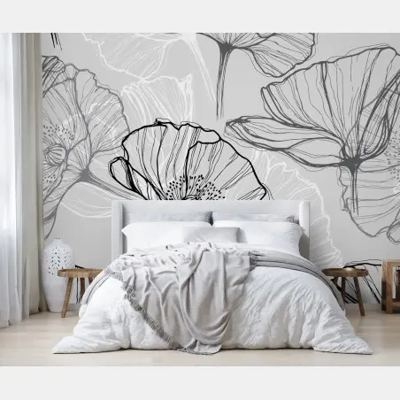 Papier peint motif pavots en dessin au trait noir et gris – Wallnifity®