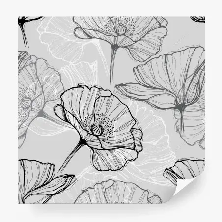 Papier peint motif pavots en dessin au trait noir et gris – Wallnifity®