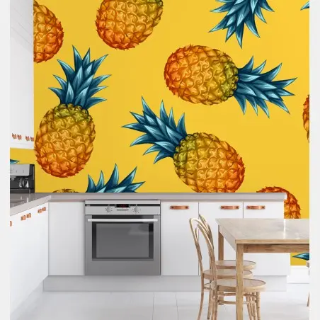 Papier peint motif ananas tropicaux sur fond jaune – Wallnifity®