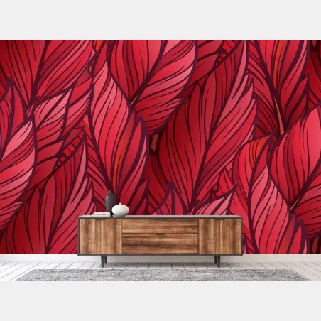Papier peint motif de grandes feuilles rouges stylisées – Wallnifity®