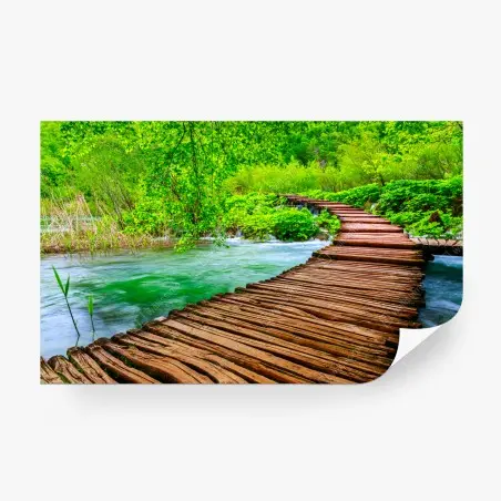 Papier peint passerelle en bois au milieu d'une nature luxuriante – Wallnifity®