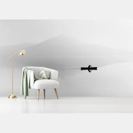 Papier peint brume sur le lac et barque solitaire – Wallnifity®