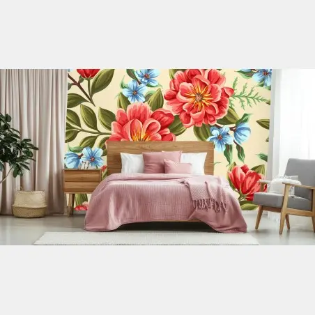 Papier peint motif floral aquarelle aux grandes fleurs rouges – Wallnifity®