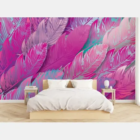 Papier peint motif plumes irisées rose et turquoise – Wallnifity®